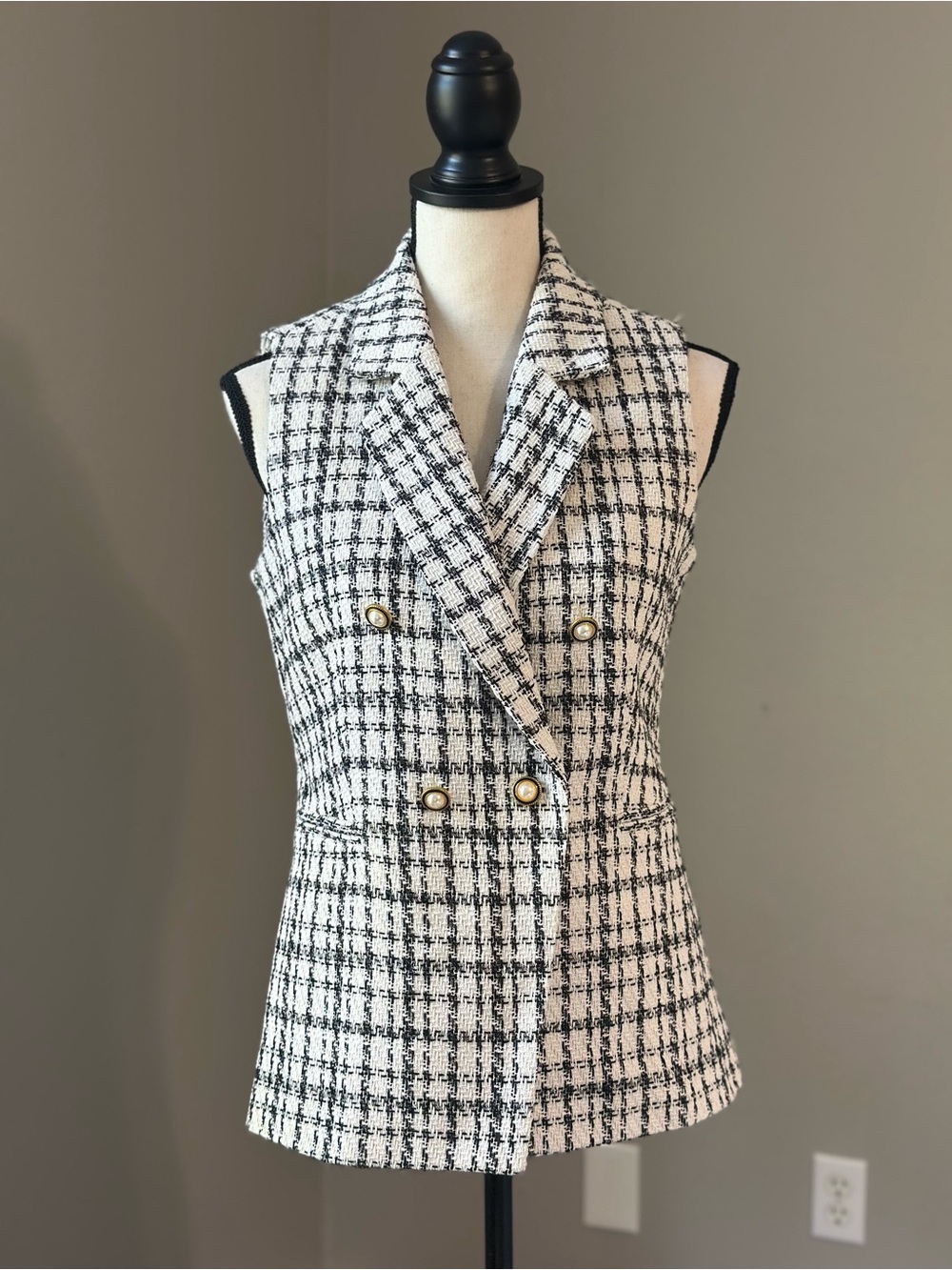 Nanette Lepore Black & White Tweed Double-Breasted Vest